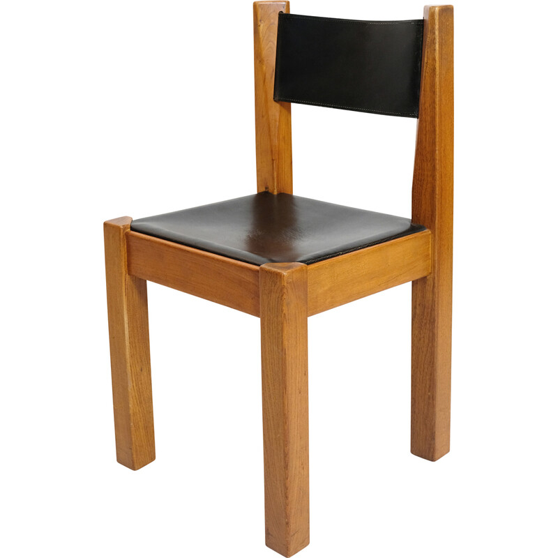 Vintage stoel in leer en massief iepenhout van l'Orme Éditeur, 1970