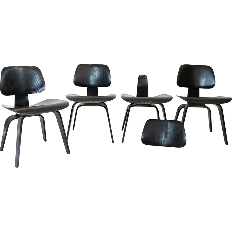 Set of 4 vintage plywood and wood chairs by Charles and Ray Eames, 1950s