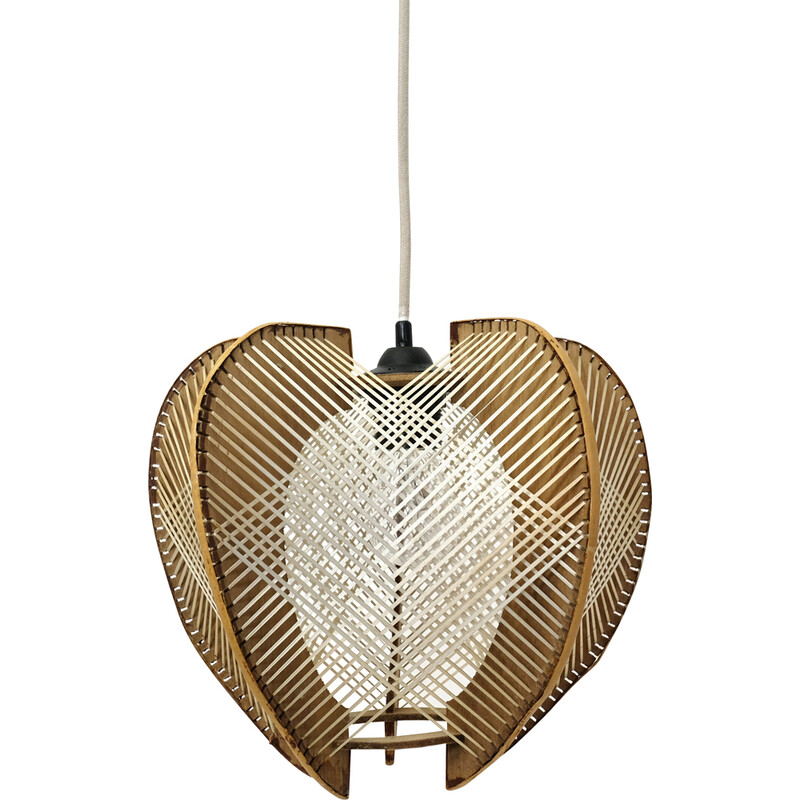 Vintage wire and wood pendant lamp, France 1960-1970