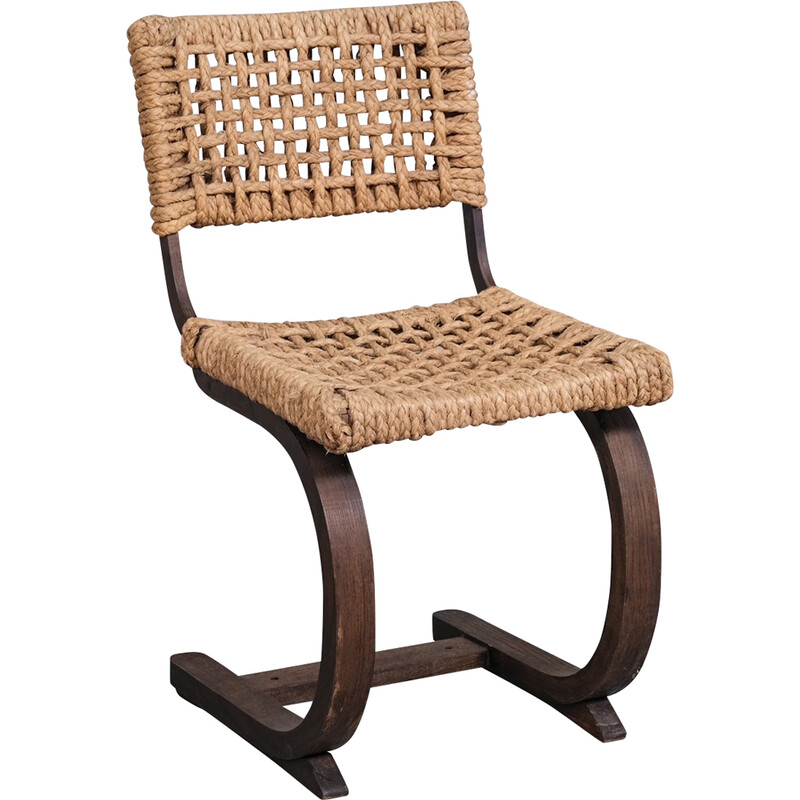 Vintage desk chair in oak and rope by Audoux-Minet, France 1960