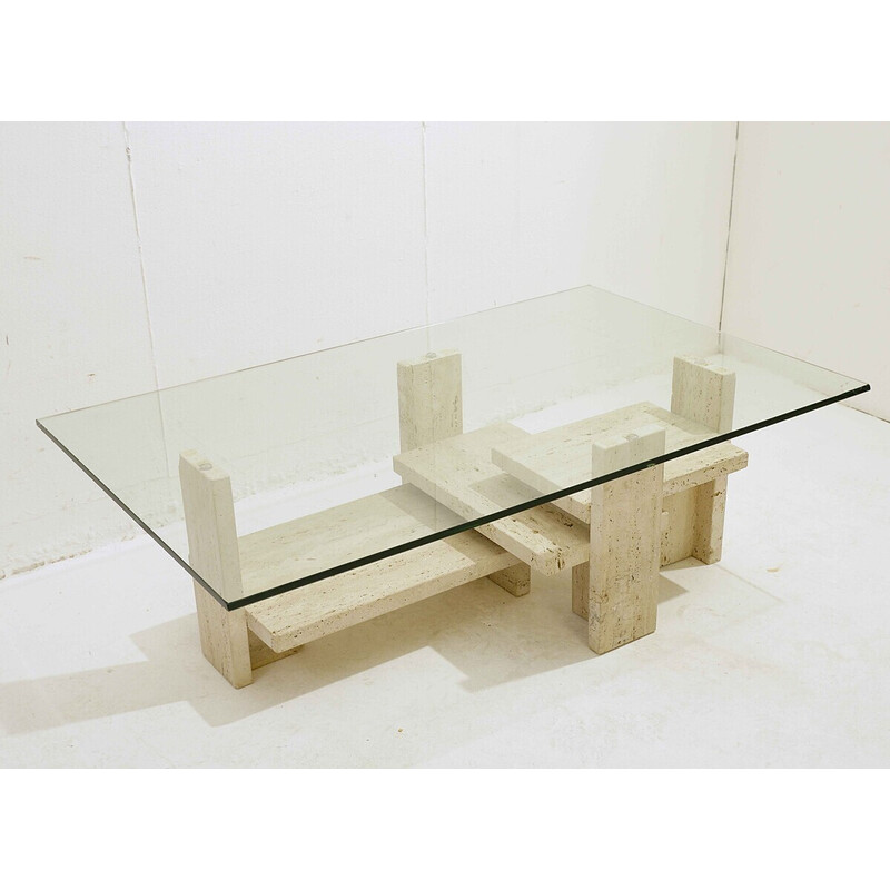 Mid-century glass and travertine coffee table, 1970s
