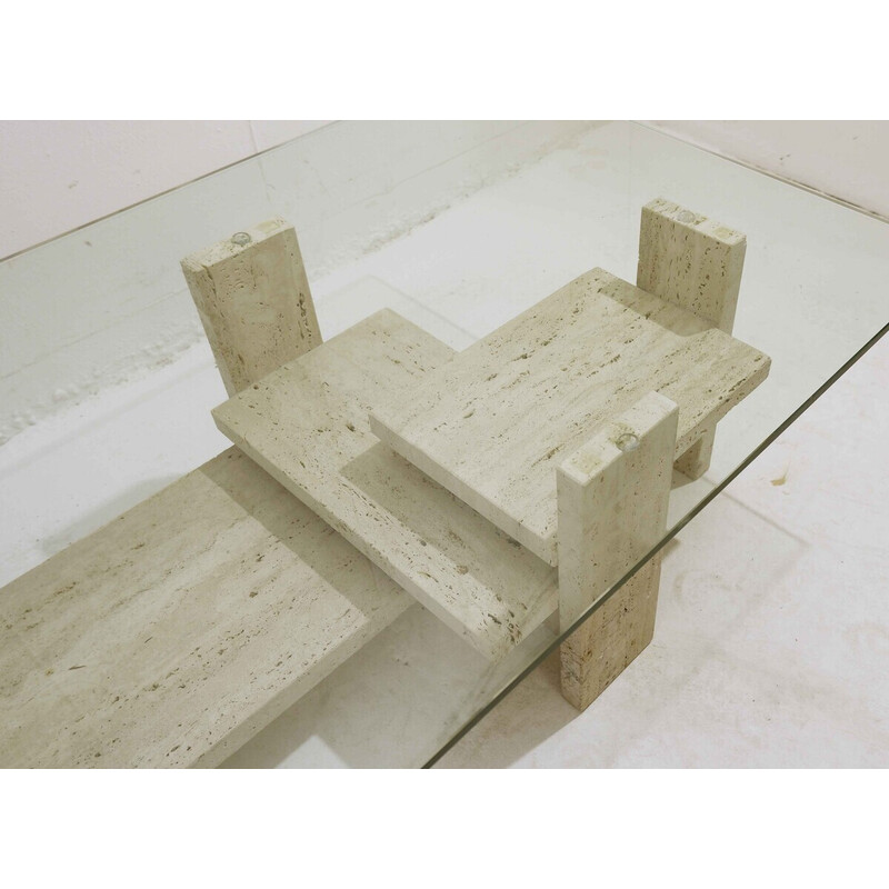 Mid-century glass and travertine coffee table, 1970s