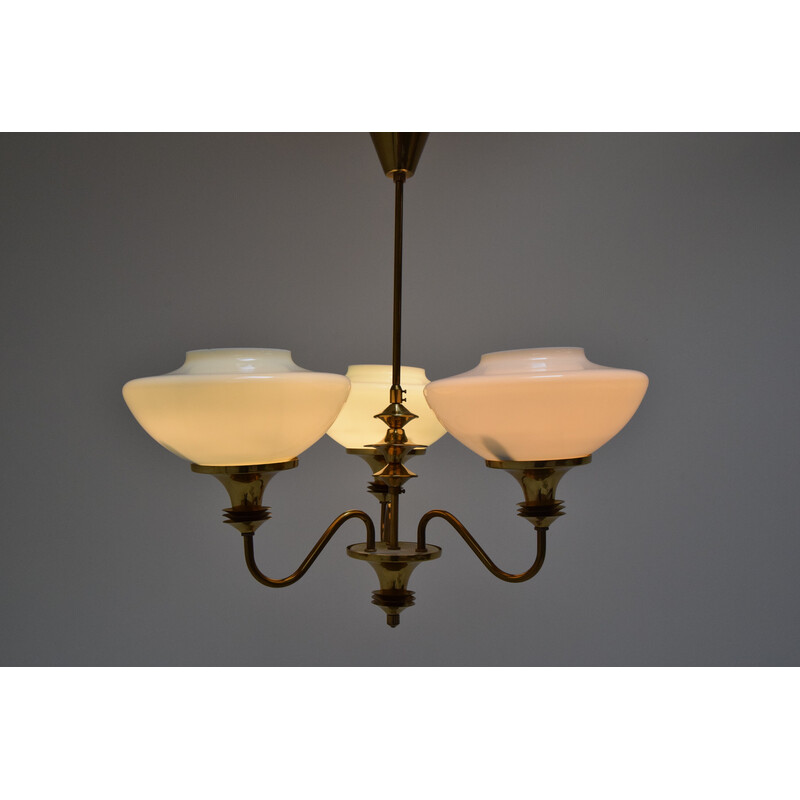 Mid-century glass and brass chandelier, Czechoslovakia 1970s