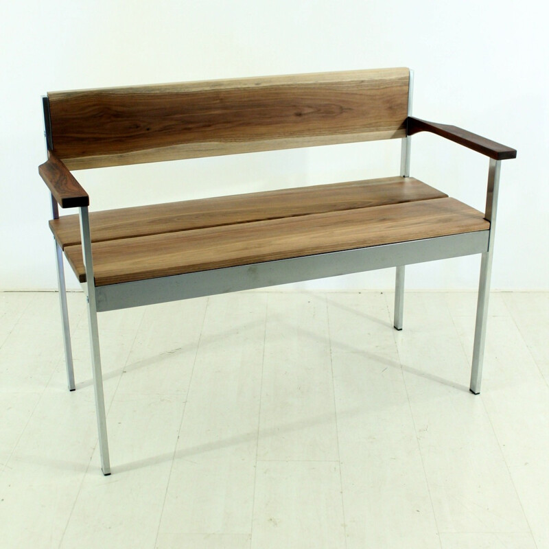 Vintage chrome and walnut bench - 1970s