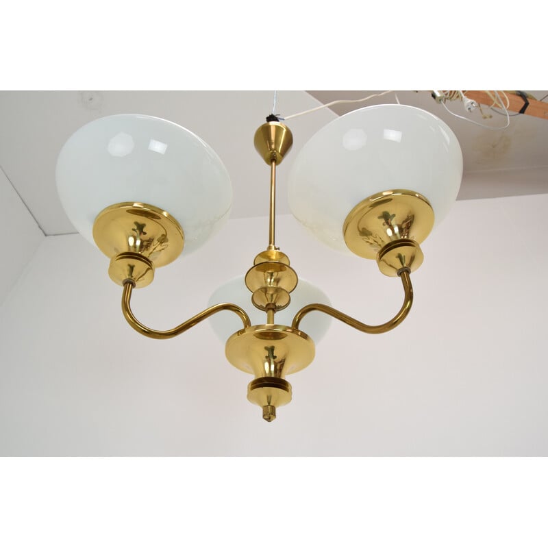 Mid-century glass and brass chandelier, Czechoslovakia 1970s