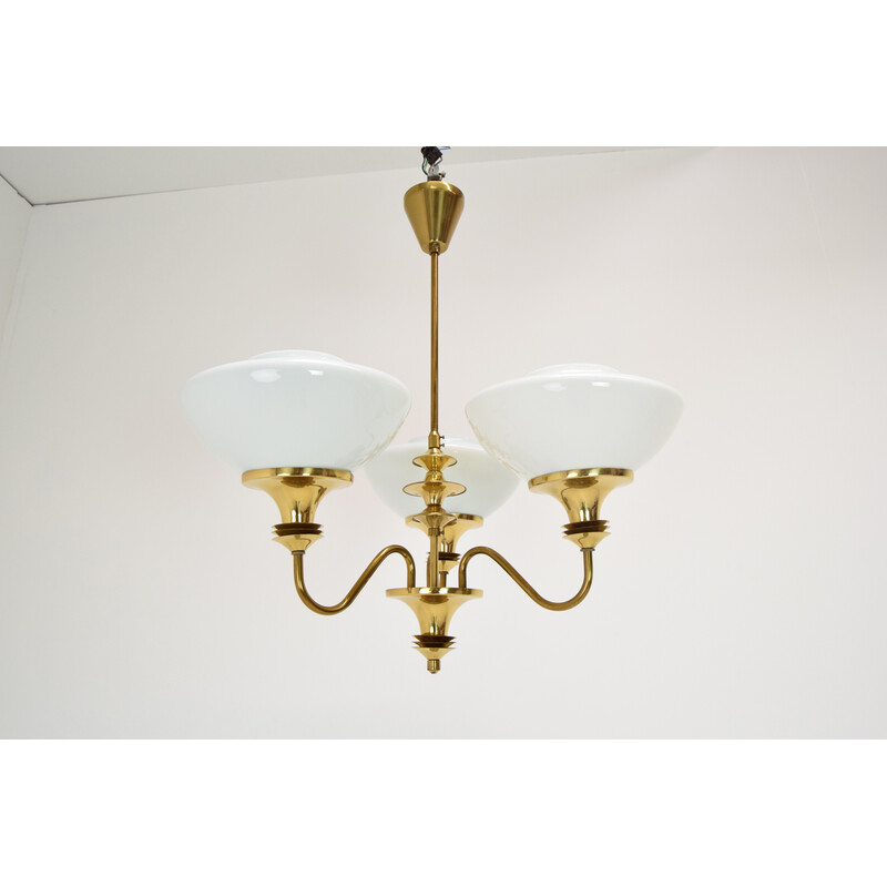 Mid-century glass and brass chandelier, Czechoslovakia 1970s