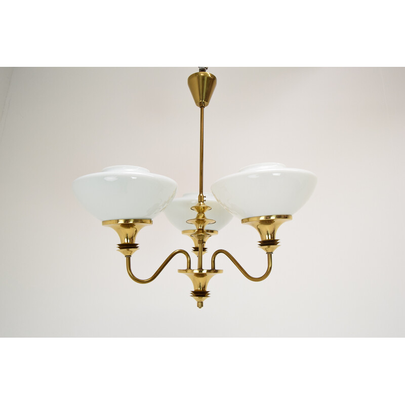 Mid-century glass and brass chandelier, Czechoslovakia 1970s