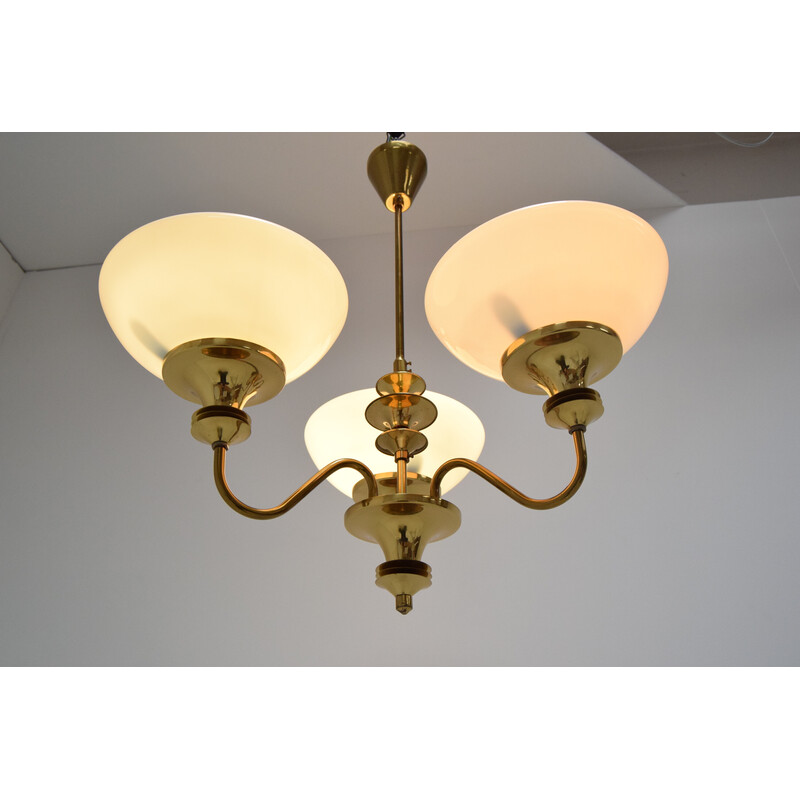 Mid-century glass and brass chandelier, Czechoslovakia 1970s