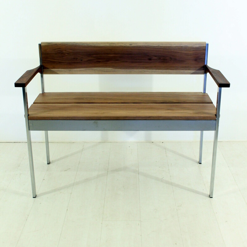 Vintage chrome and walnut bench - 1970s