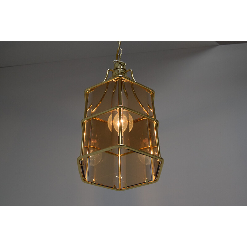 Mid-century smoked glass and brass pendant lamp, Czechoslovakia 1980s