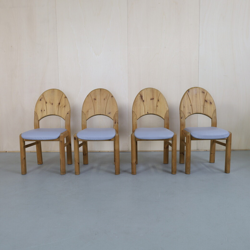 Set of 4 vintage Brutalist dining chairs in natural pine, 1970s