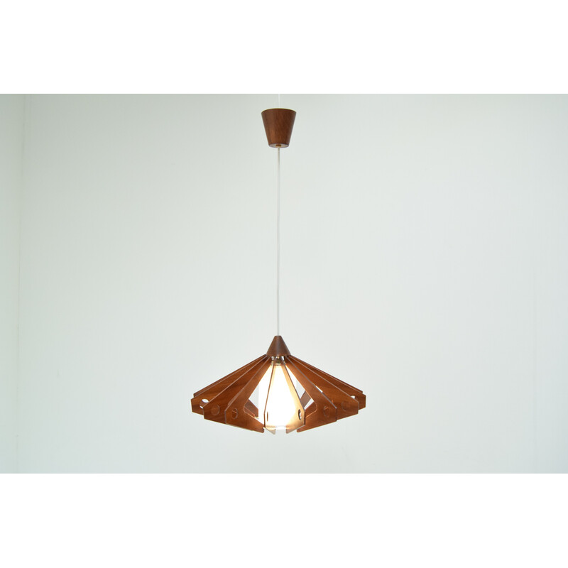 Vintage pendant lamp in wood and glass by Drevo Humpolec, Czechoslovakia 1970