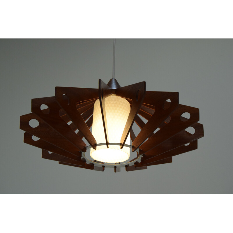 Vintage pendant lamp in wood and glass by Drevo Humpolec, Czechoslovakia 1970