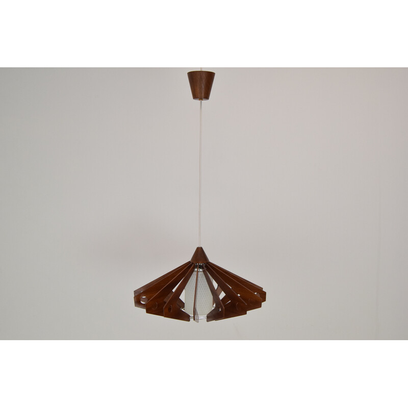Vintage pendant lamp in wood and glass by Drevo Humpolec, Czechoslovakia 1970