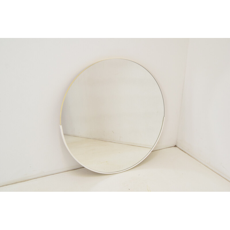Round vintage wall mirror with plastic frame and veneer, Czechoslovakia 1970
