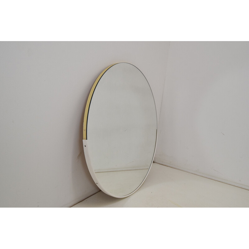 Round vintage wall mirror with plastic frame and veneer, Czechoslovakia 1970