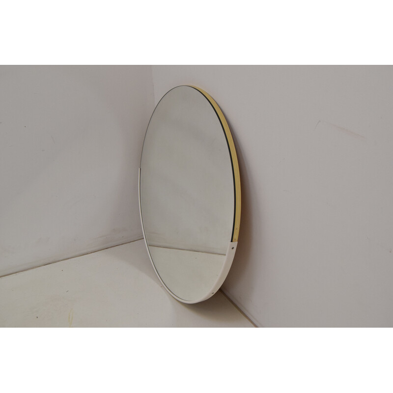 Round vintage wall mirror with plastic frame and veneer, Czechoslovakia 1970