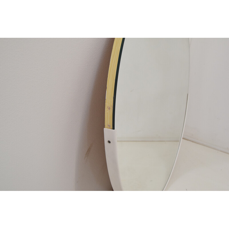 Round vintage wall mirror with plastic frame and veneer, Czechoslovakia 1970