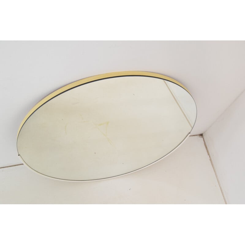 Round vintage wall mirror with plastic frame and veneer, Czechoslovakia 1970