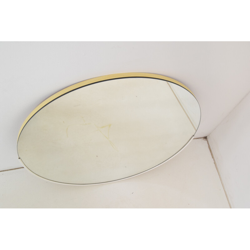 Round vintage wall mirror with plastic frame and veneer, Czechoslovakia 1970