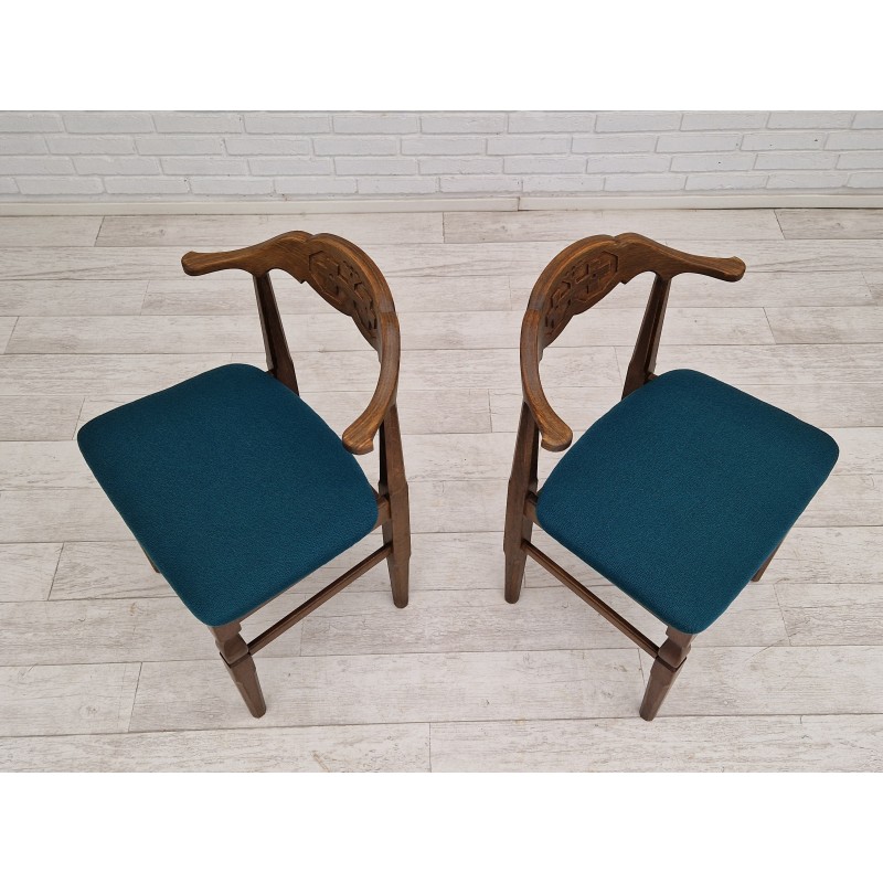 Pair of vintage oakwood and wool chairs by Henning Kjærnulf, Denmark 1960