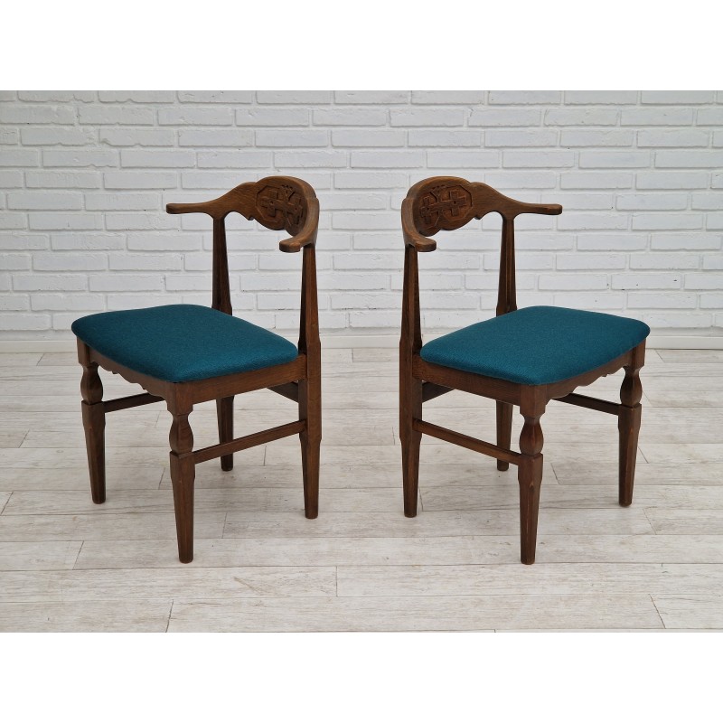 Pair of vintage oakwood and wool chairs by Henning Kjærnulf, Denmark 1960