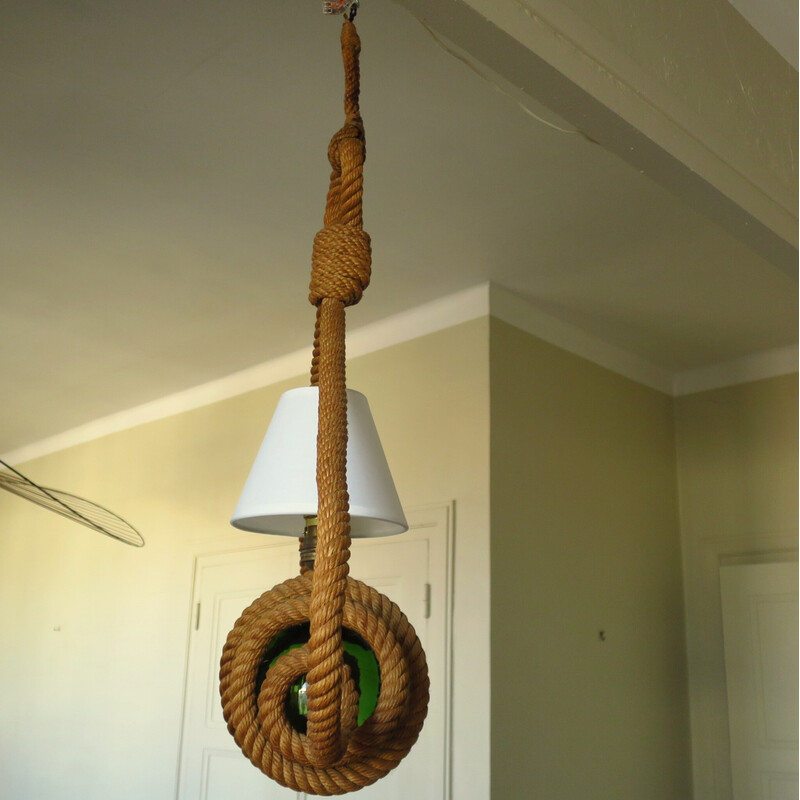 Vintage braided rope chandelier by Adrien Audoux and Frida Minet, France 1950