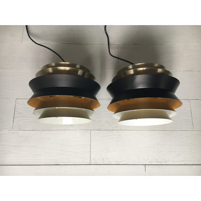 Pair of vintage Trava brass and aluminum pendant lamps by Carl Thore for Granhaga