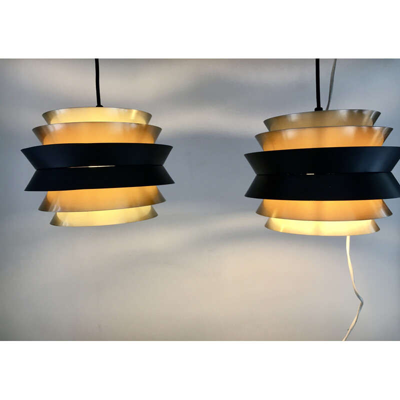 Pair of vintage Trava brass and aluminum pendant lamps by Carl Thore for Granhaga