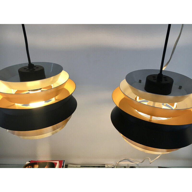 Pair of vintage Trava brass and aluminum pendant lamps by Carl Thore for Granhaga