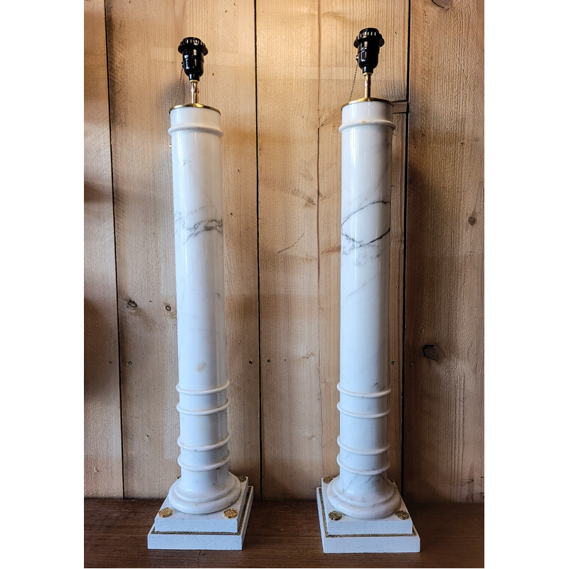 Pair of vintage lamp bases in marble, oakwood and bronze