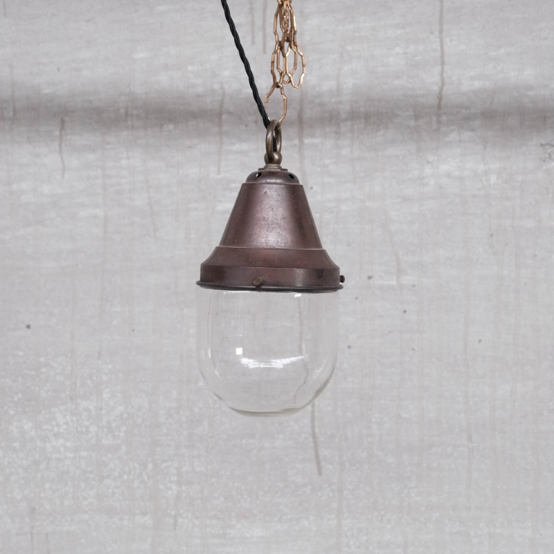 Pair of vintage brass and clear glass industrial pendant lamps, 1930s