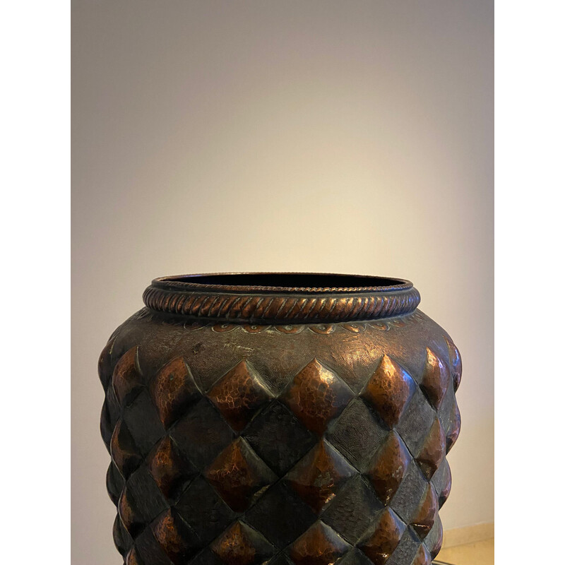 Vintage copper umbrella stand with embossed diamond figures, Italy 1950s