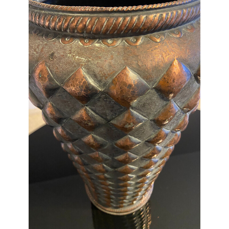 Vintage copper umbrella stand with embossed diamond figures, Italy 1950s