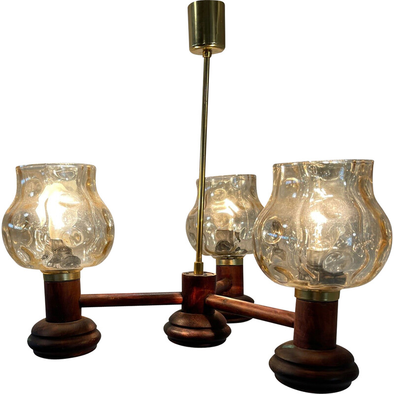 Vintage drevo humpolec chandelier in wood, brass and glass