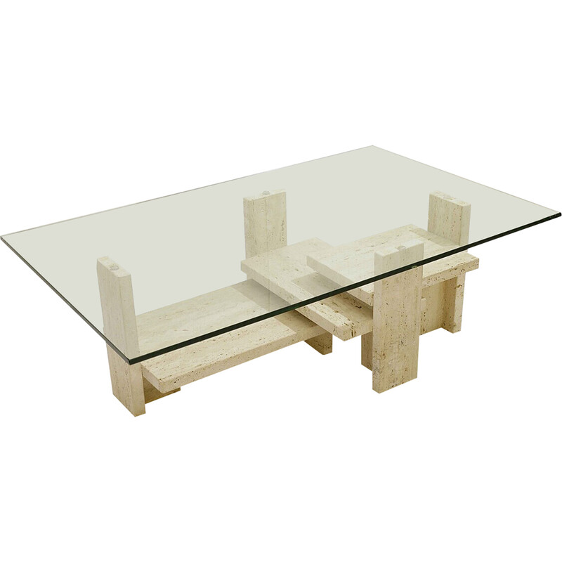 Mid-century glass and travertine coffee table, 1970s