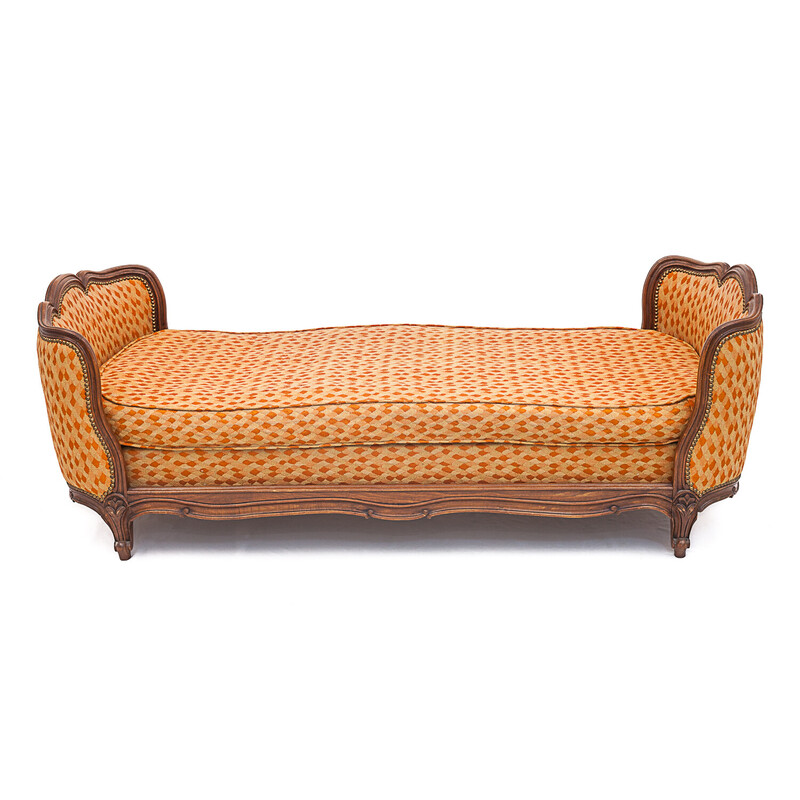 Vintage fabric and walnut bench seat, 1940