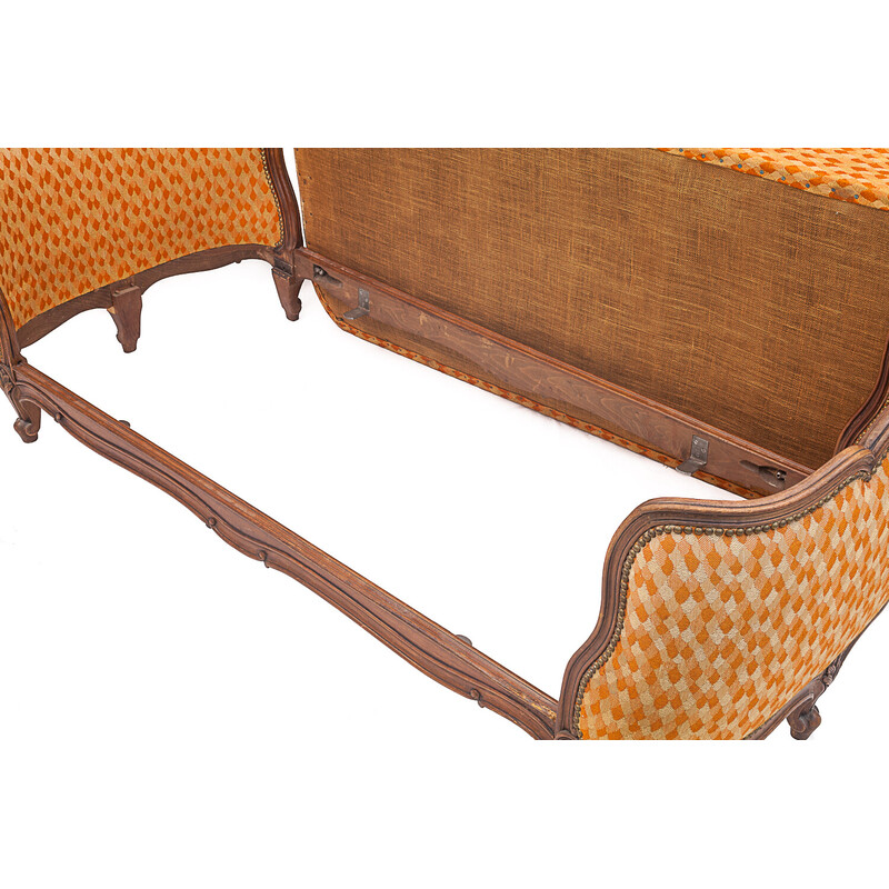 Vintage fabric and walnut bench seat, 1940