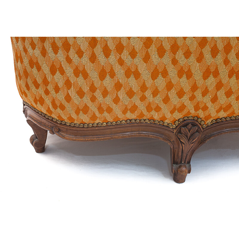 Vintage fabric and walnut bench seat, 1940