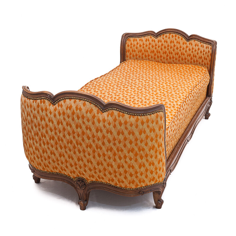 Vintage fabric and walnut bench seat, 1940