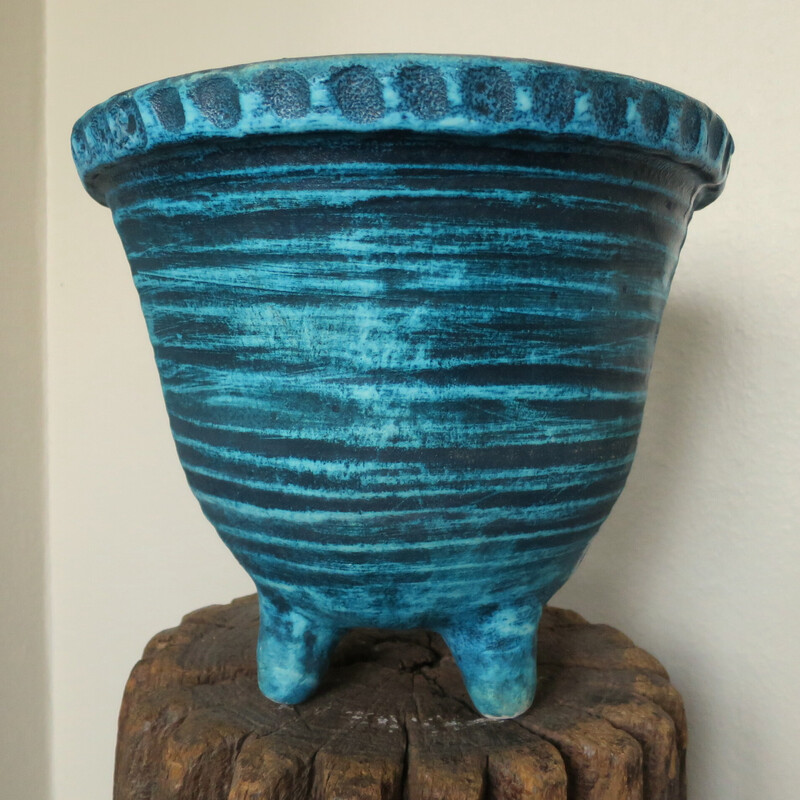 Cache pot vintage quadripode en céramique d'Accolay bleu turquoise, 1950