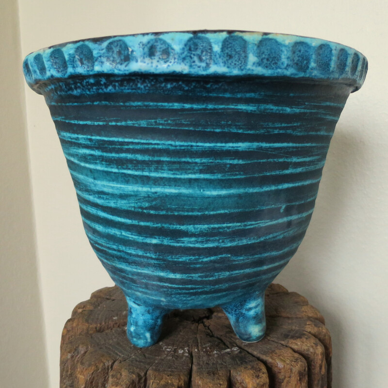 Cache pot vintage quadripode en céramique d'Accolay bleu turquoise, 1950