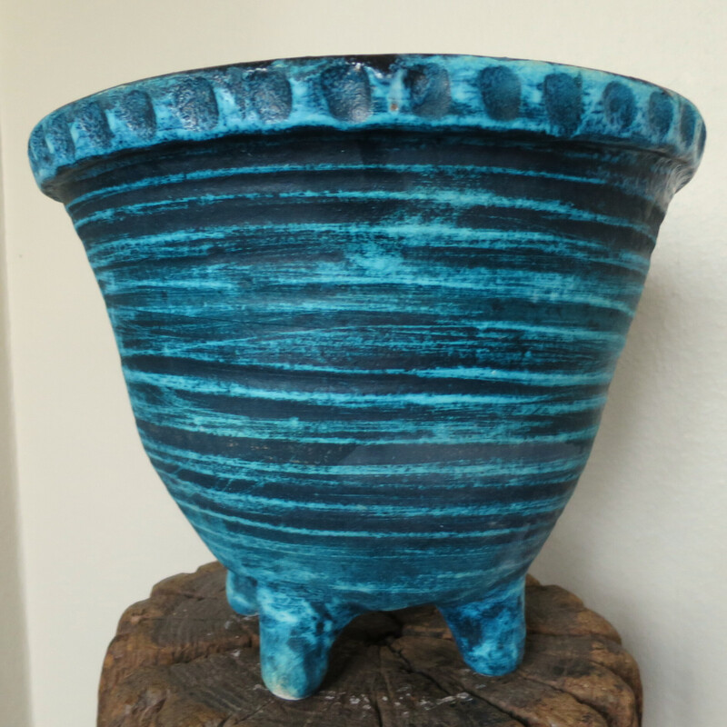 Vintage quadripod planter in turquoise blue Accolay ceramic, 1950