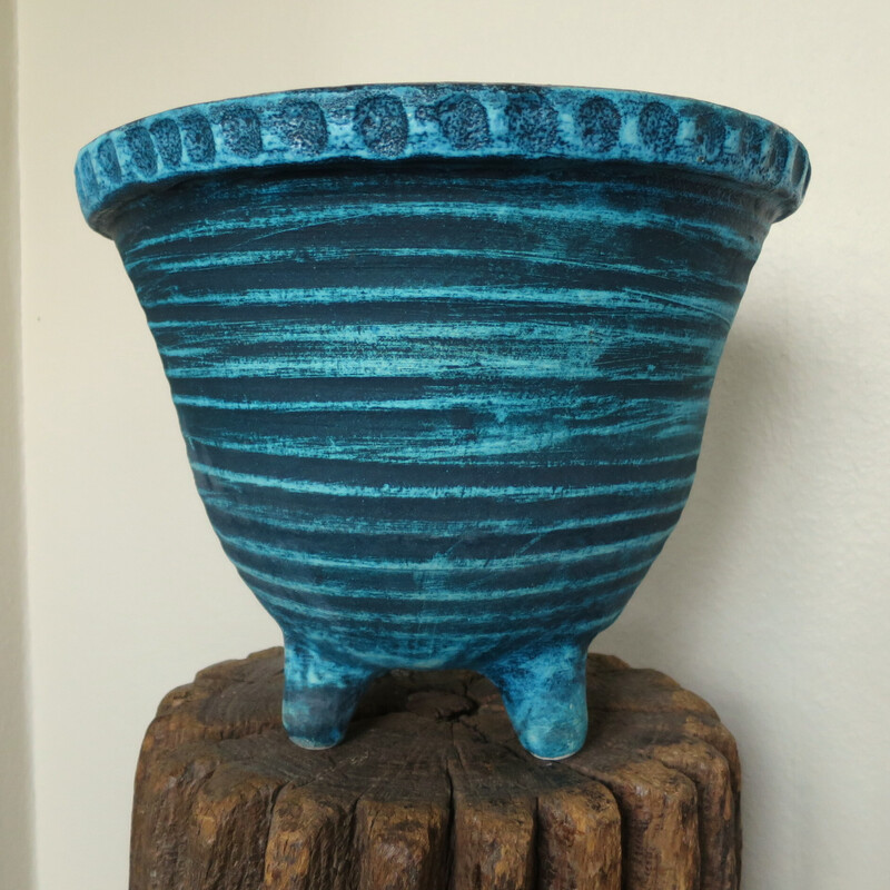 Vintage quadripod planter in turquoise blue Accolay ceramic, 1950