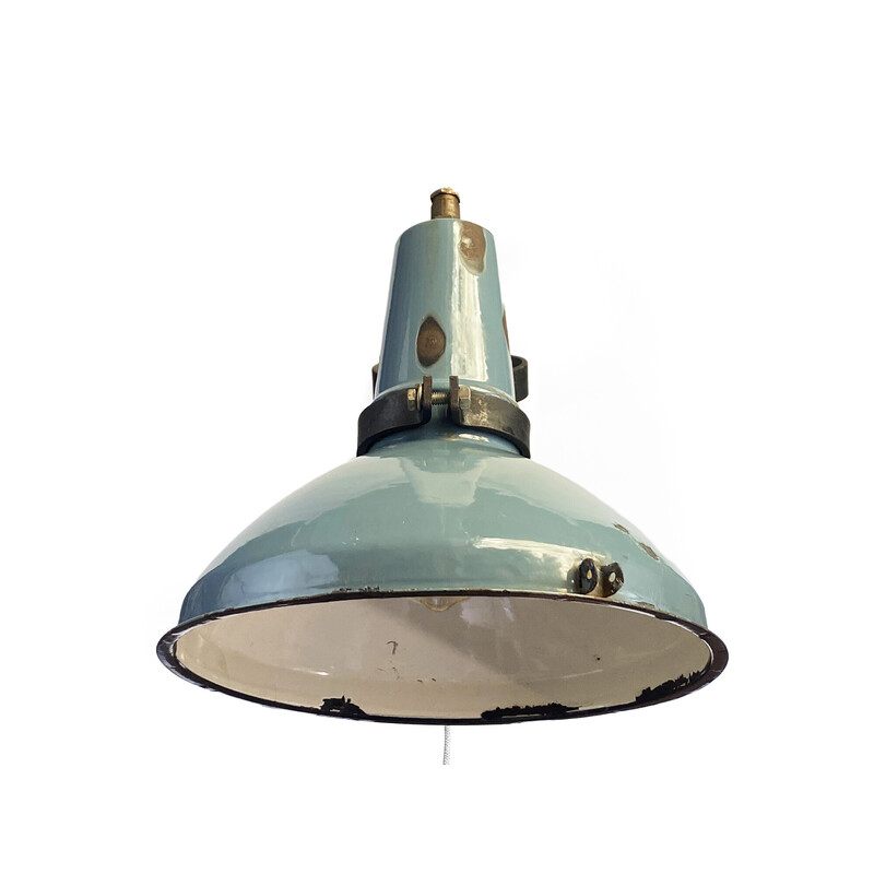 Vintage petrol blue enameled industrial wall lamp, Sweden 1950s