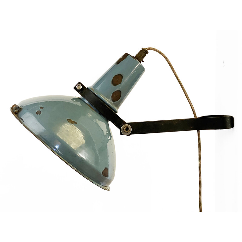 Vintage benzine blauw geëmailleerde industriële wandlamp, Zweden 1950