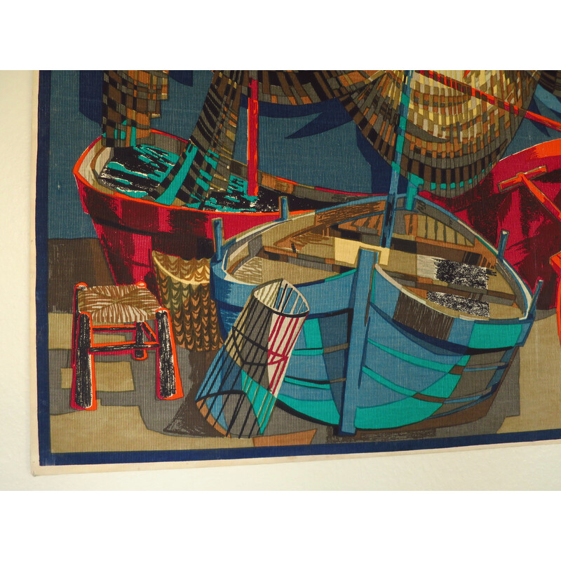 Tapeçaria Vintage "Barques et filets" de Robert Debieve, 1950