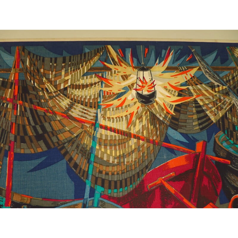 Vintage tapestry "Boats and nets" by Robert Debieve, 1950