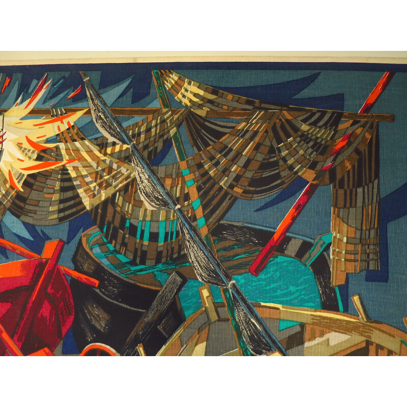Arazzo d'epoca "Barques et filets" di Robert Debieve, 1950