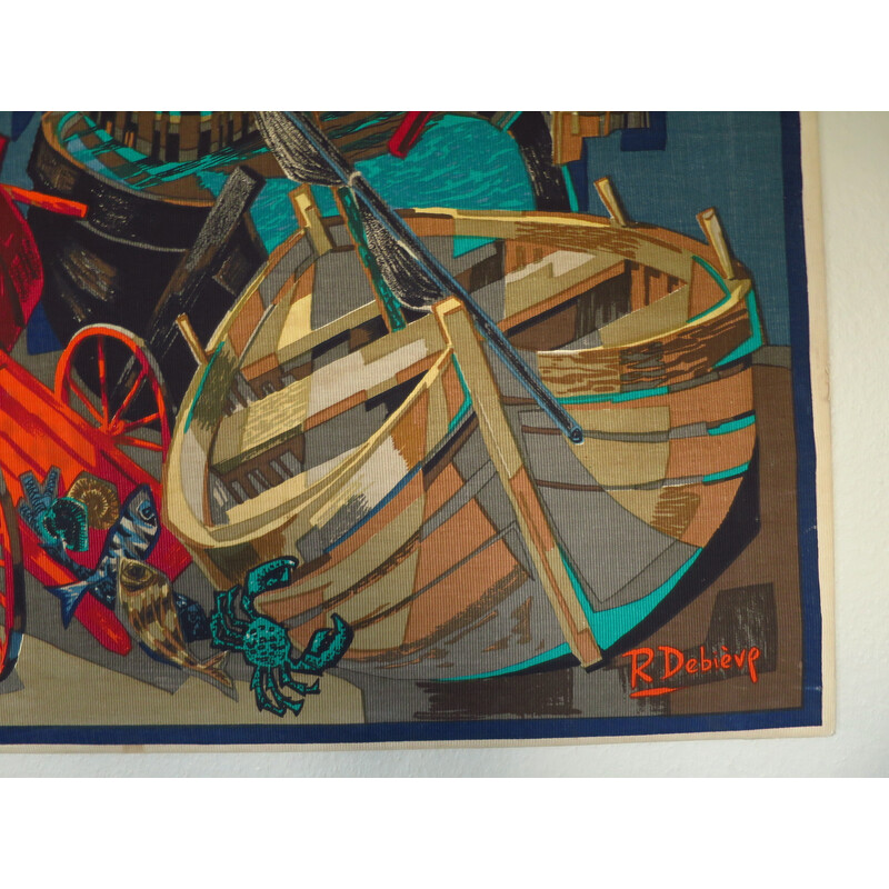 Arazzo d'epoca "Barques et filets" di Robert Debieve, 1950